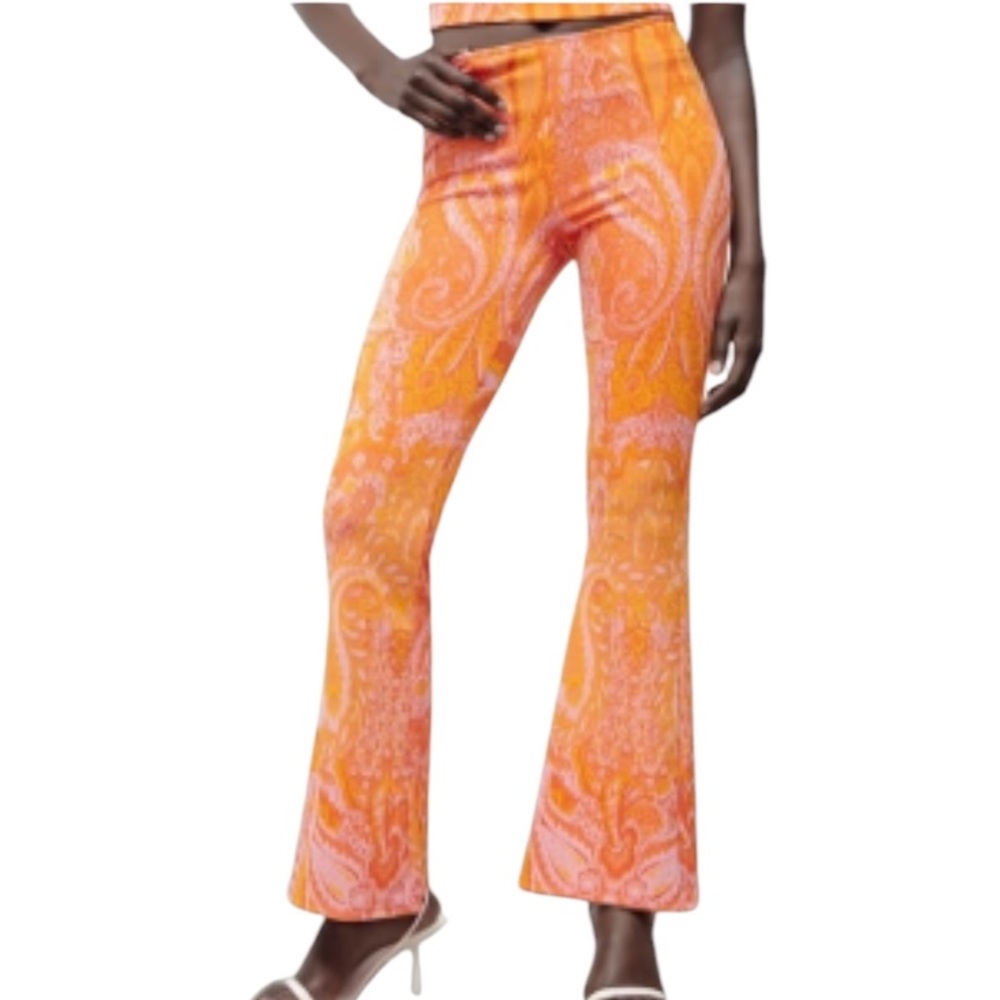 Zara Orange & Yellow Paisley Jacquard Retro Stretch Knit Flared Pants - L